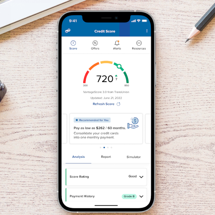 Bank customer viewing credit score on a mobile banking app dashboard